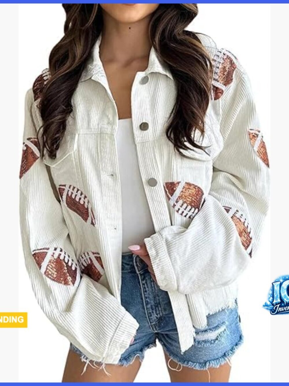 Cropped Corduroy Jacket with Football Sequin Patches, Button Closure